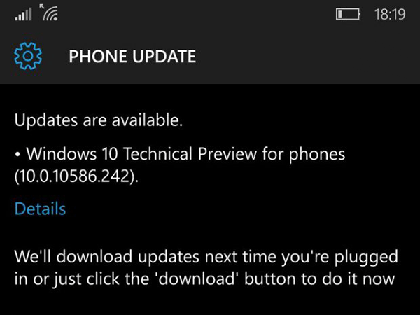 微软今日推送Win10 Mobile 10586.242
