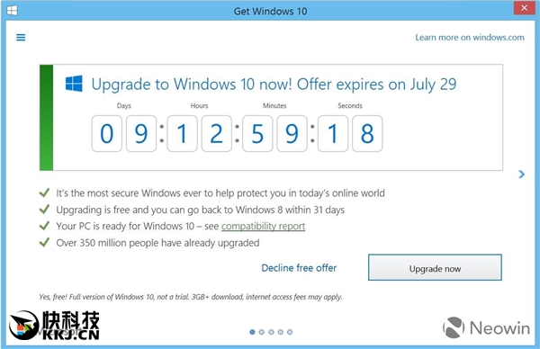 Win7/8.1 GWX加入免费升级倒计时：快升Win10