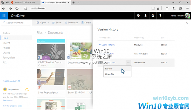 Windows10：OneDrive现在可以还原长达30天的旧文件